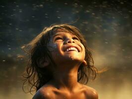 despreocupado niño alegremente bailes en el refrescante lluvia ai generativo foto