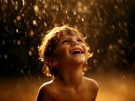 despreocupado niño alegremente bailes en el refrescante lluvia ai generativo foto