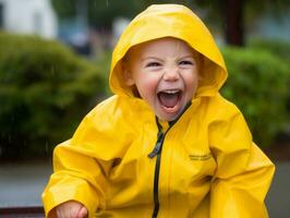 Carefree child joyfully dances in the refreshing rain AI Generative photo