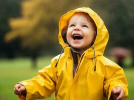 Carefree child joyfully dances in the refreshing rain AI Generative photo