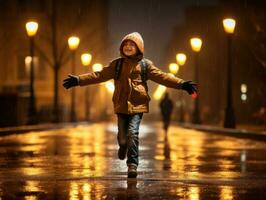 Carefree child joyfully dances in the refreshing rain AI Generative photo