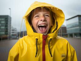 Carefree child joyfully dances in the refreshing rain AI Generative photo