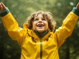 Carefree child joyfully dances in the refreshing rain AI Generative photo