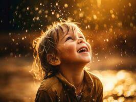 Carefree child joyfully dances in the refreshing rain AI Generative photo
