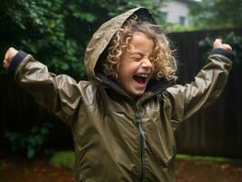 Carefree child joyfully dances in the refreshing rain AI Generative photo