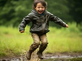 Carefree child joyfully dances in the refreshing rain AI Generative photo