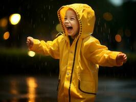 Carefree child joyfully dances in the refreshing rain AI Generative photo