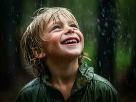 Carefree child joyfully dances in the refreshing rain AI Generative photo