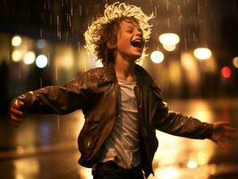 despreocupado niño alegremente bailes en el refrescante lluvia ai generativo foto