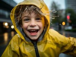 Carefree child joyfully dances in the refreshing rain AI Generative photo