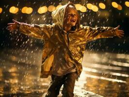 Carefree child joyfully dances in the refreshing rain AI Generative photo