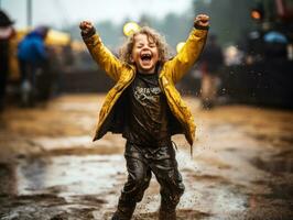 Carefree child joyfully dances in the refreshing rain AI Generative photo