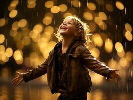 despreocupado niño alegremente bailes en el refrescante lluvia ai generativo foto