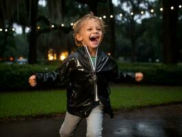 Carefree child joyfully dances in the refreshing rain AI Generative photo