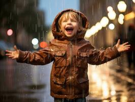 Carefree child joyfully dances in the refreshing rain AI Generative photo