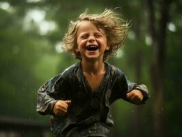 Carefree child joyfully dances in the refreshing rain AI Generative photo