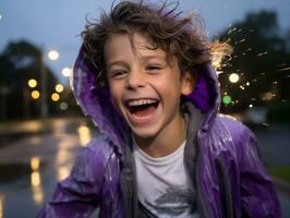 Carefree child joyfully dances in the refreshing rain AI Generative photo