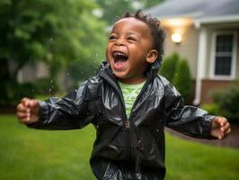 Carefree child joyfully dances in the refreshing rain AI Generative photo