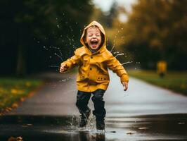Carefree child joyfully dances in the refreshing rain AI Generative photo