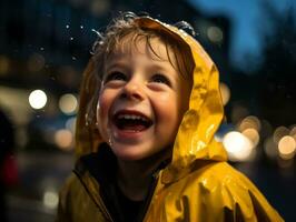 Carefree child joyfully dances in the refreshing rain AI Generative photo