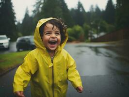 Carefree child joyfully dances in the refreshing rain AI Generative photo