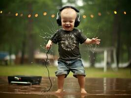 despreocupado niño alegremente bailes en el refrescante lluvia ai generativo foto