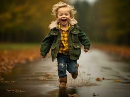 Carefree child joyfully dances in the refreshing rain AI Generative photo