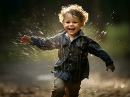 Carefree child joyfully dances in the refreshing rain AI Generative photo