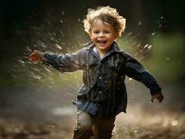 Carefree child joyfully dances in the refreshing rain AI Generative photo