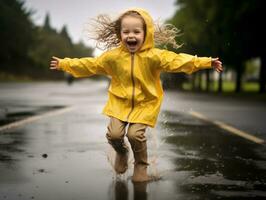 Carefree child joyfully dances in the refreshing rain AI Generative photo