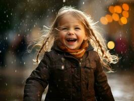 Carefree child joyfully dances in the refreshing rain AI Generative photo