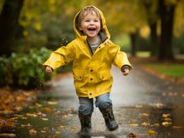 Carefree child joyfully dances in the refreshing rain AI Generative photo