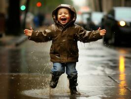 despreocupado niño alegremente bailes en el refrescante lluvia ai generativo foto