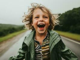 Carefree child joyfully dances in the refreshing rain AI Generative photo