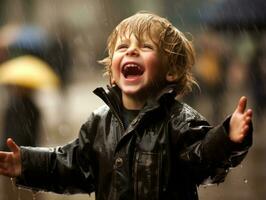 Carefree child joyfully dances in the refreshing rain AI Generative photo