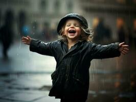 despreocupado niño alegremente bailes en el refrescante lluvia ai generativo foto