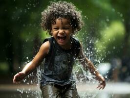 Carefree child joyfully dances in the refreshing rain AI Generative photo