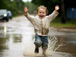 despreocupado niño alegremente bailes en el refrescante lluvia ai generativo foto