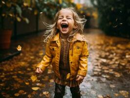 Carefree child joyfully dances in the refreshing rain AI Generative photo