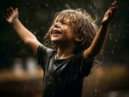 Carefree child joyfully dances in the refreshing rain AI Generative photo