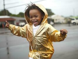 Carefree child joyfully dances in the refreshing rain AI Generative photo