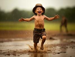 despreocupado niño alegremente bailes en el refrescante lluvia ai generativo foto