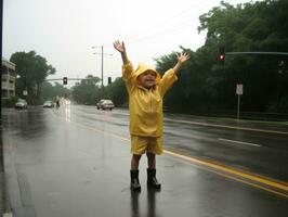 Carefree child joyfully dances in the refreshing rain AI Generative photo