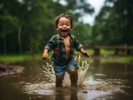 despreocupado niño alegremente bailes en el refrescante lluvia ai generativo foto
