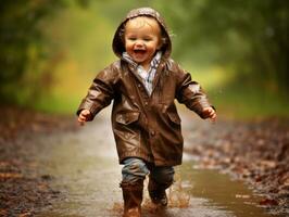 Carefree child joyfully dances in the refreshing rain AI Generative photo