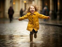 Carefree child joyfully dances in the refreshing rain AI Generative photo