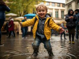 Carefree child joyfully dances in the refreshing rain AI Generative photo