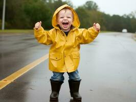 Carefree child joyfully dances in the refreshing rain AI Generative photo