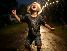 Carefree child joyfully dances in the refreshing rain AI Generative photo