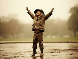 Carefree child joyfully dances in the refreshing rain AI Generative photo